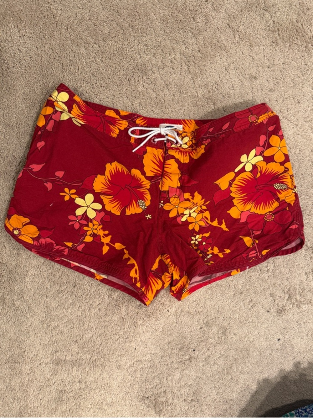 Old Navy Red Boardshorts with Orange & Pink Floral Accents